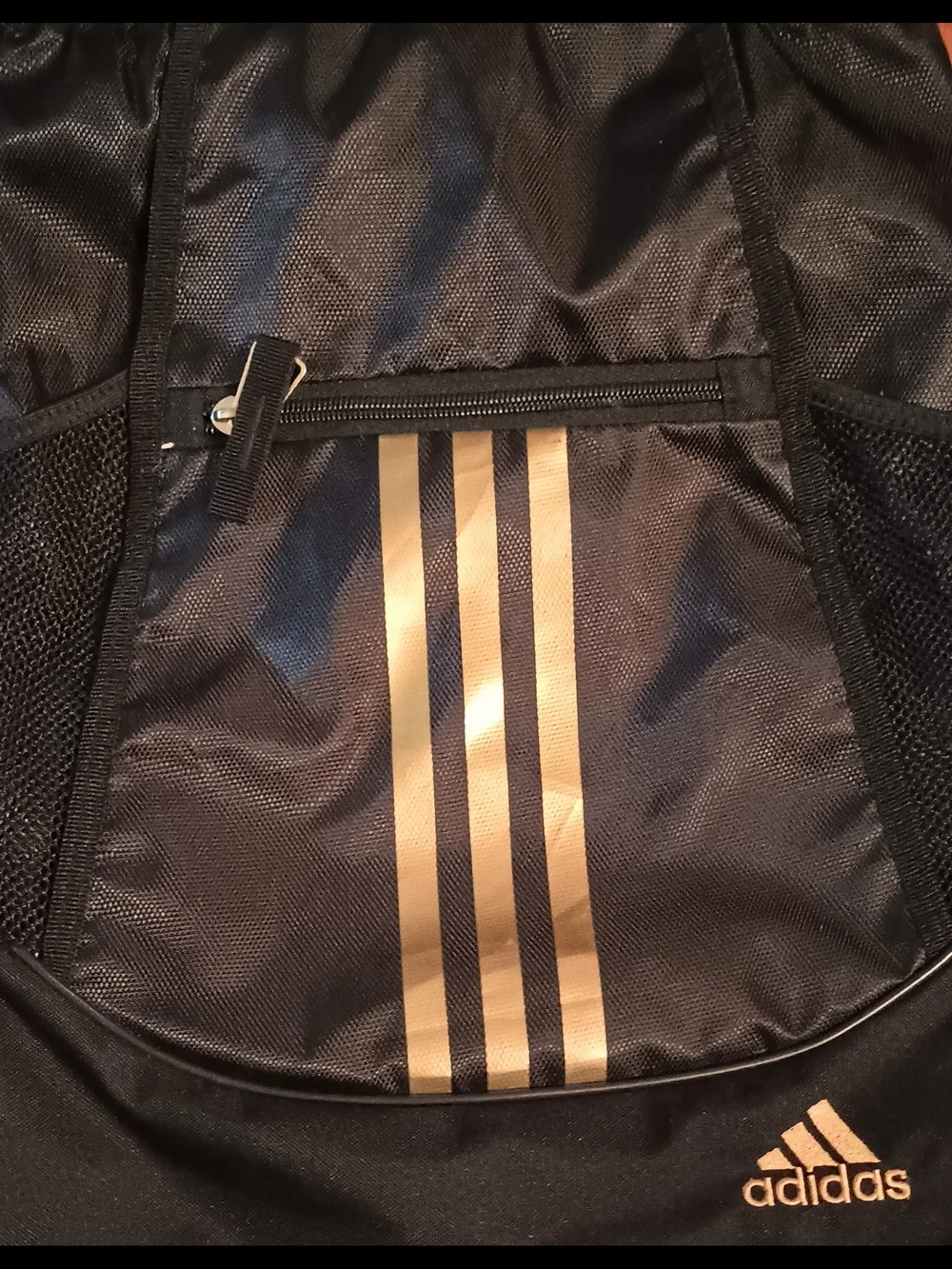 Adidas Black & Gold Drawstring Sackpack Backpack w/ Zipper & Mesh Pockets